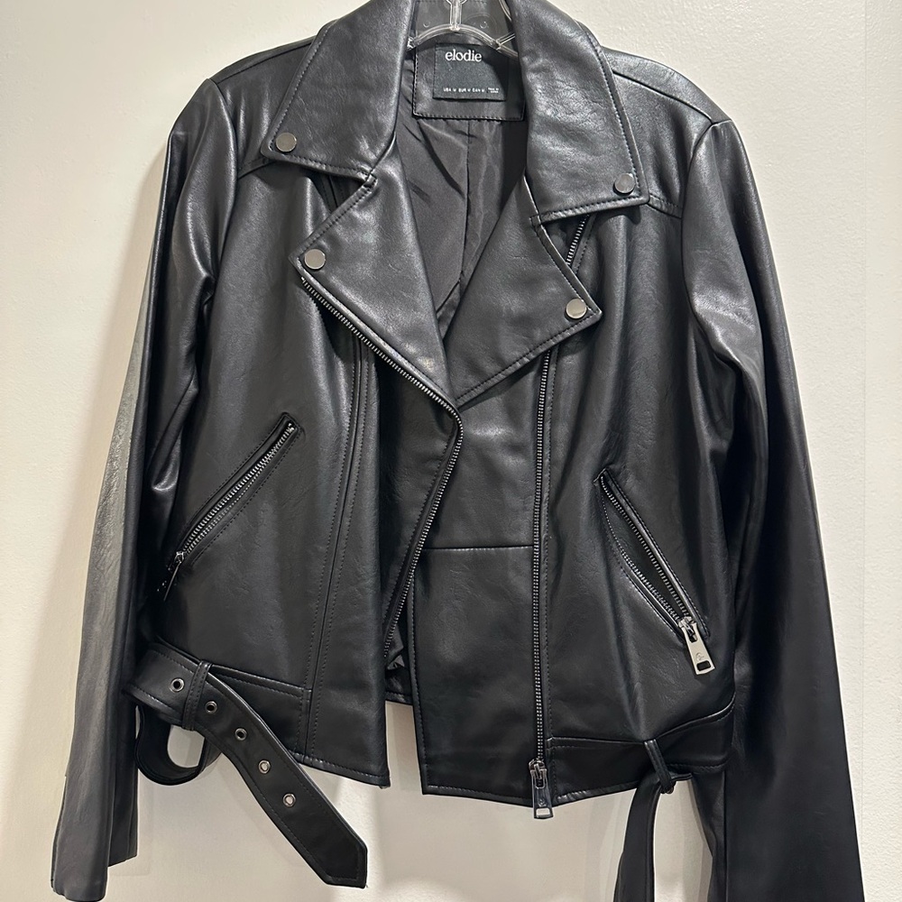 Elodie Black Faux Leather Moto Jacket with Belt Size M Nordstrom